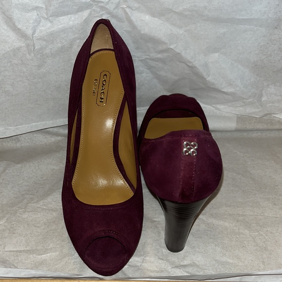Coach Women’s Breana burgundy Suede Platform Peep Toe Pumps - Picture 2 of 8